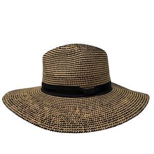 Women’s Woven Straw Sun Hat Wide Brim Fedora Style Black Band Beach Travel Hat
